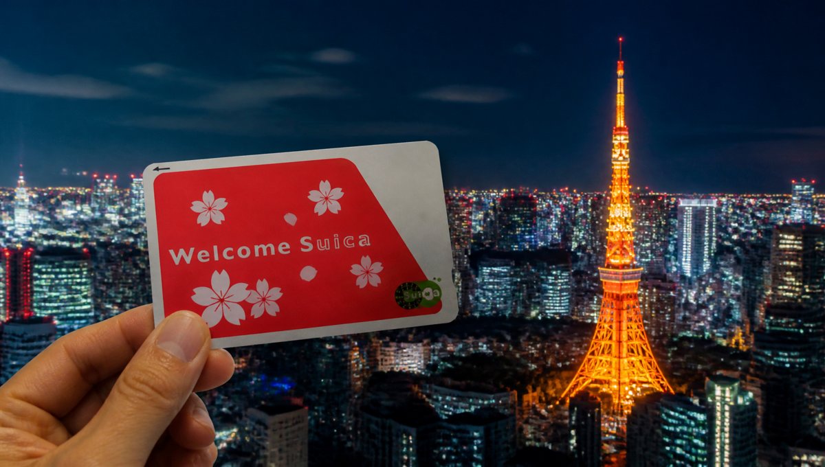 夜の東京タワーとWelcome Suicaカード
